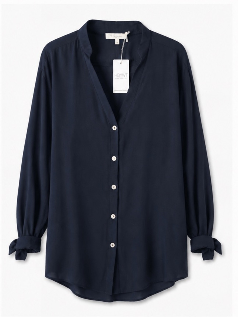 Tie-Cuff V-Neck Button-Front Blouse in Dark Navy